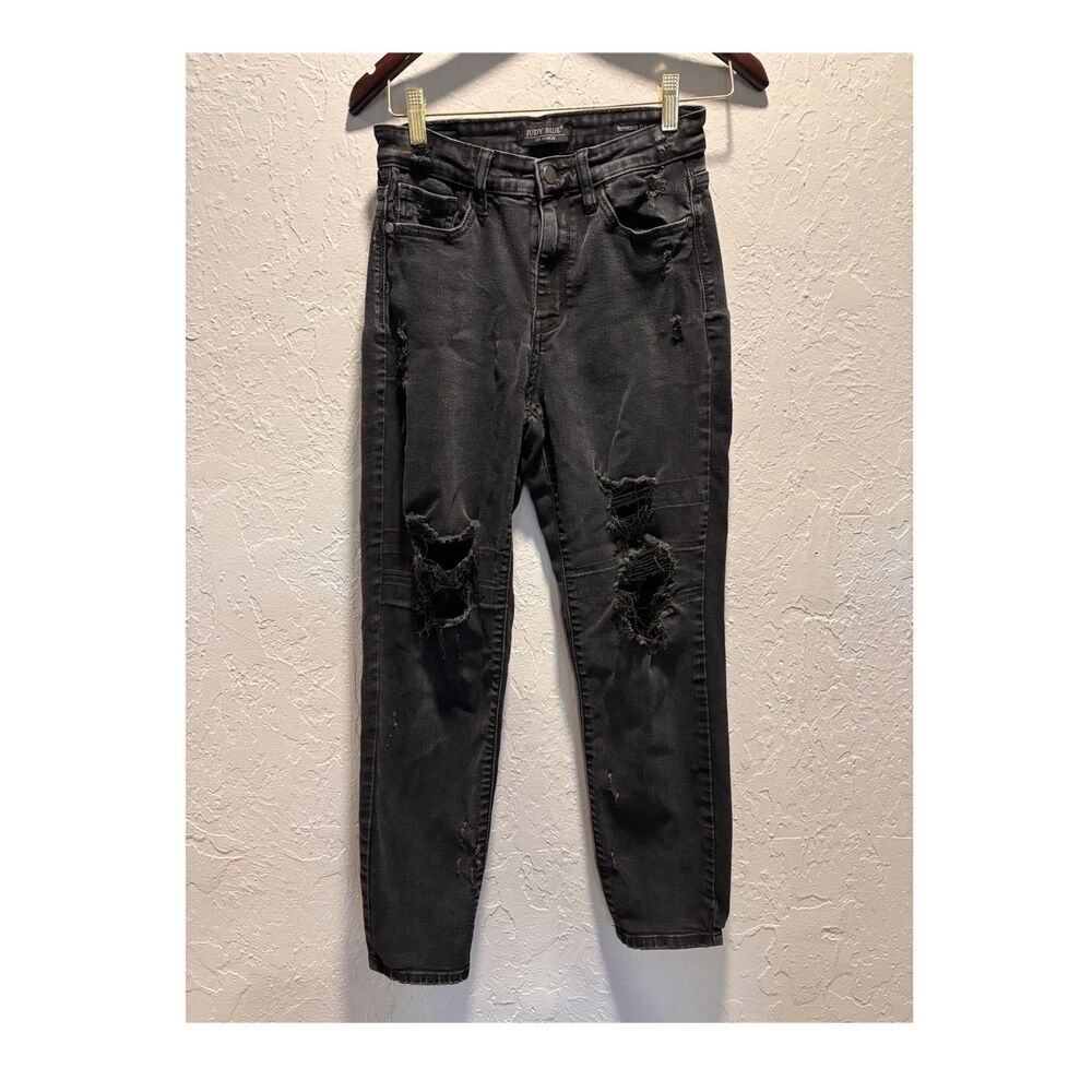 Judy Blue High Rise Boyfriend Jeans Black Dark Wash Distressed Size 3